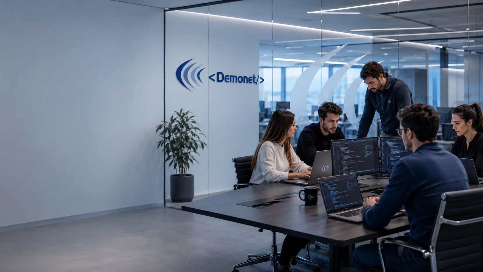 Immagine generata con IA: sviluppatori al lavoro in open space